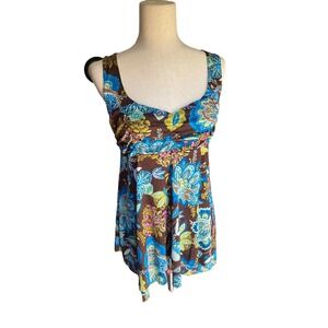Babydoll Tank Top Mesh Beach Floral Stretch Y2k Blue Boho‎ Asymmetrical Large